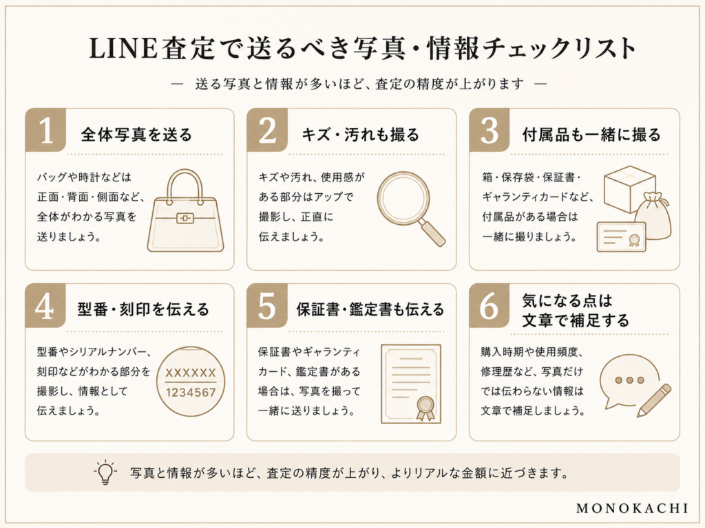 LINE査定で送るべき写真や商品情報をまとめたチェックリスト画像