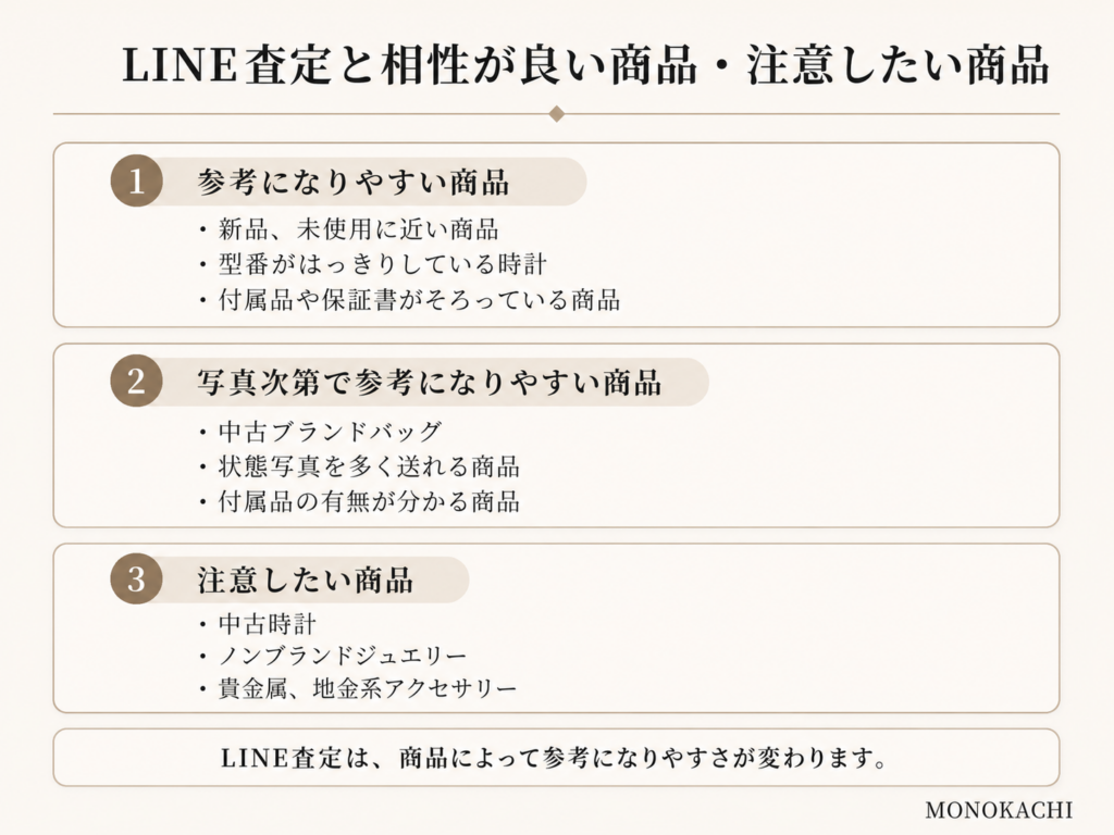LINE査定と相性が良い商品と注意したい商品をまとめた画像
